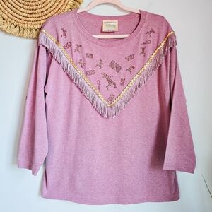 Hazelwood Southwestern Vintage Pink Western Fringe Knit Tribal Top SZ Large